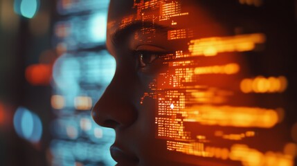 A close-up of a face illuminated by cascading data streams, symbolizing the intersection of human cognition and digital technology in a future landscape.