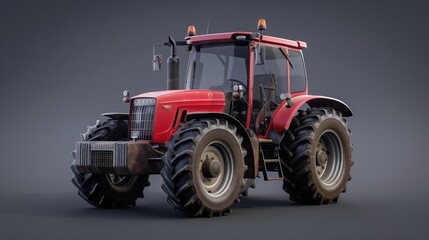 Obraz premium Red tractor for agricultural industry. Machine for working on farm. Modern tractor on dark background