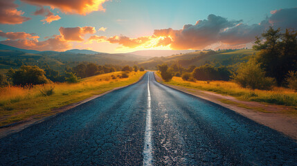 Naklejka premium Asphalt road among autumn landscape. Highway against backdrop of sunset. Picturesque landscape with yellow grass on roadsides