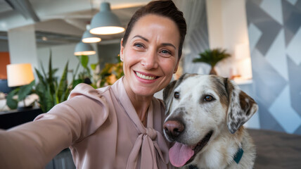 A smiling Caucasian woman takes a selfie with her happy dog in a modern office setting, showcasing a playful moment filled with joy.
