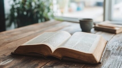 An open book on a wooden table bathes in natural light, accompanied by a blurred cup in the background, suggesting peaceful solitude.