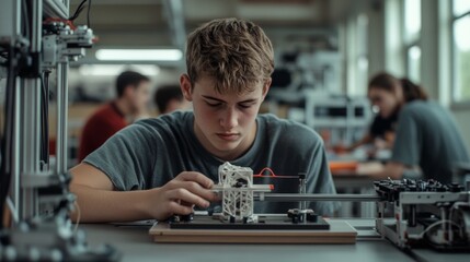A young man intensely concentrates on crafting a 3D-printed model, capturing a scene of innovation and youthful curiosity in a modern classroom.