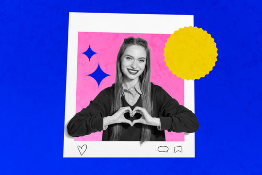 Composite trend artwork 3D sketch image collage of heart like popular social media follow click young lady cute heart gesture frame photo