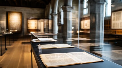 An elegant gallery interior with historical manuscripts on display, inviting exploration and intellectual curiosity.