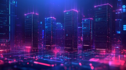 Fototapeta premium a futuristic city with neon lights and buildings in the background