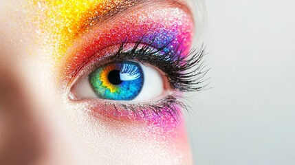 Stunning, colorful eye makeup with vibrant, playful rainbow effects that dazzle