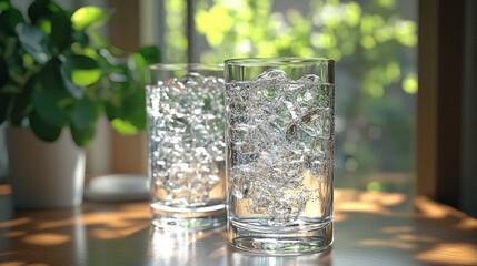 Two glasses of iced water on a wooden table with a window in the background.