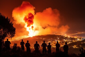 Fototapeta premium Silhouetted group watching large wildfire with bright flames and smoke over cityscape at night. Natural disaster and emergency concept