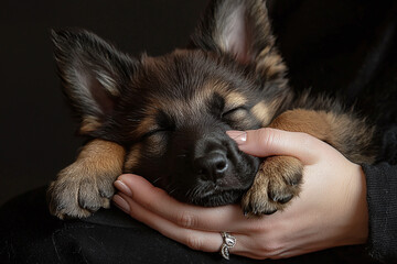 Obraz premium Newborn german shepherd puppy sleeping in caring hands.