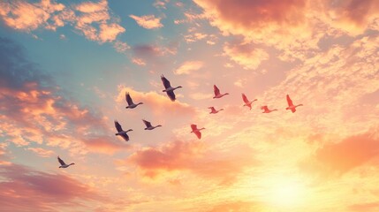 Obraz premium Birds Flying at Sunset