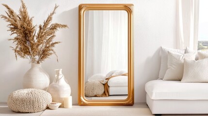 Antique-inspired mirror with lavish golden frame, capturing subtle reflections of a softly lit living room, radiating timeless charm and luxury