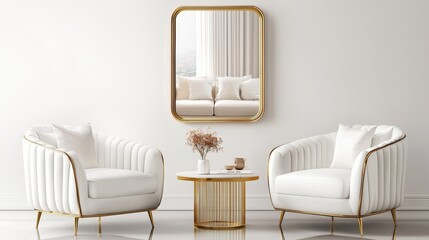 Antique-inspired mirror with lavish golden frame, capturing subtle reflections of a softly lit living room, radiating timeless charm and luxury