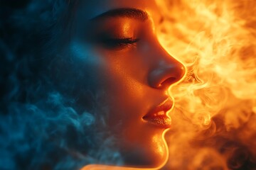 Closeup of a woman's face with fire and smoke surrounding her.  Abstract portrait with warm, fiery, and dramatic tones.