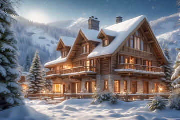 AI-generated image of a winter hidden gem luxury vacation ski chalet resort where relaxation and cherished memories await tourists.