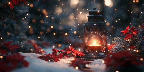 Christmas lanterns, red and silver decorations, snowflakes falling on the ground, With Fir Branch in the Sunlight. Winter Decoration Background