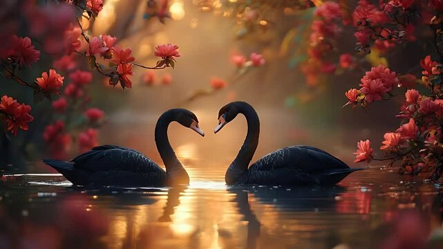 A pair of black swans are swimming in a lake that is already unsettled in the afternoon