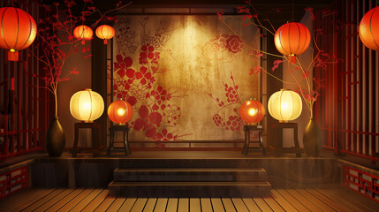 Obraz premium New year Chinese lunar podium background. Generative AI illustration. Display for winter holidays, Christmas product presentation. Xmas blank scene, winter empty pedestal, front view. Stage showcase