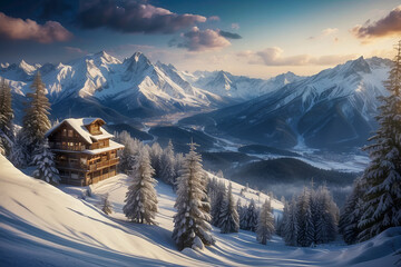 AI-generated image of a winter hidden gem luxury vacation ski chalet resort where relaxation and cherished memories await tourists.