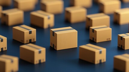 A close-up view of multiple small brown shipping boxes arranged neatly on a dark surface, emphasizing their uniformity and packaging design.