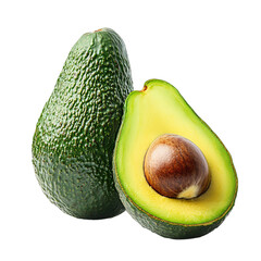 Whole avocado with half beside it. Isolated white background. PNG format