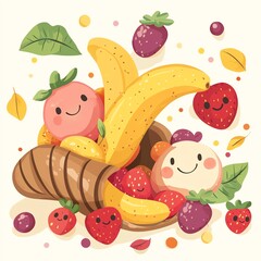 Kawaii-style cornucopia illustration, smiling fruits tumbling out, strawberries, bananas, and...