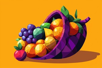 Modern cartoon cornucopia design, geometric styled fruits, clean lines, minimalist approach, fresh color scheme, professional illustration