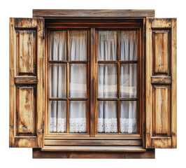 PNG Beautiful wooden window with shutters and curtains