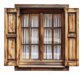 PNG Beautiful wooden window with shutters and curtains