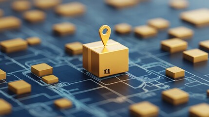 A 3D-rendered package with a location pin sits on a grid backdrop, symbolizing logistics and delivery services in a digital context. Sending, Delivery ,Tracking concept