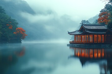 Obraz premium Serene Asian landscape with traditional building on a calm lake surrounded by mountains and fog