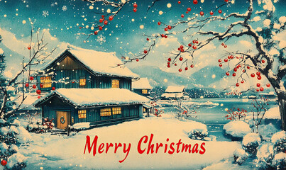 Fototapeta premium vintage christmas illustration wood panel colored postcard greetings