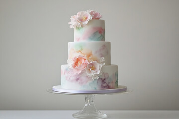 Elegant watercolor wedding cake adorned with pastel flowers for a romantic celebration