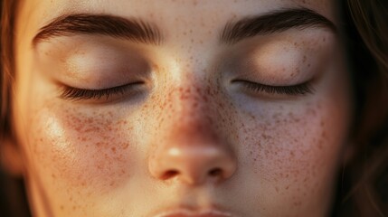 Fototapeta premium Close-up of a peaceful face with eyes closed, expressing calm and serenity. Soft lighting enhances the relaxed features, with a neutral background creating a meditative, tranquil atmosphere.