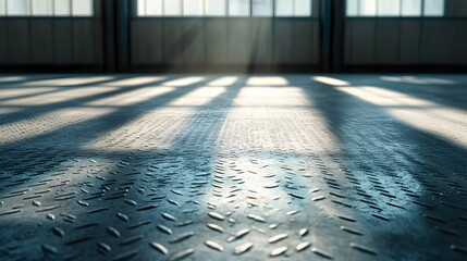 Steel diamond plate floor under natural light, minimalist composition, sharp geometric patterns, industrial atmosphere, subtle shine on metal surface