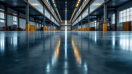 Obraz premium Steel durbar plate in an expansive warehouse, bright light reflecting on glossy surfaces, metal floor extending into infinity, low angle shot