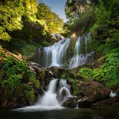 Fototapeta premium Crystal Clear Waterfall Cascading Down a Rocky Cliffside, Surrounded by Lush Green Trees and Vibrant Flora, Bathed in the Soft Light of Early Morning Sunshine