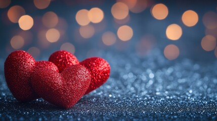 Fototapeta premium Three sparkly red hearts on glitter. This image is perfect for Valentine's Day greetings, romantic themes, and love-related projects.