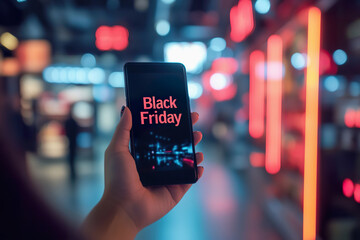 Hand holding smartphone displaying Black Friday text while shopping in busy store
