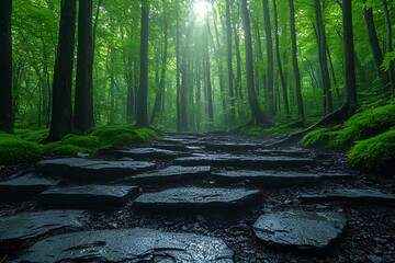 Stone path through a dense, green forest with sunlight streaming through the trees