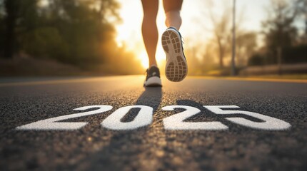 A runner's foot steps towards the year 2025, painted on the asphalt of a road, as the sun sets behind them