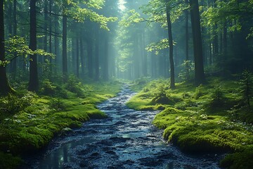 Obraz premium Mystical Forest Path with Sunbeams and Stream