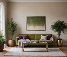 A Scandinavian-inspired living room with a sofa set and a wall art frame is displayed on the wall as a 3D illustration image.