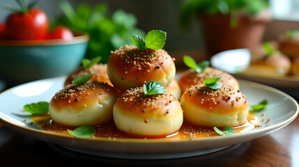 High-Resolution Realistic Food Photography of Pintade Farcie Garnished with Fresh Herbs, Set Against a Inviting Kitchen Background in 4K