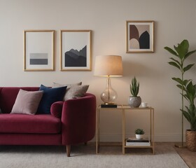 A Scandinavian-inspired living room with a sofa set and blank vertical frames is displayed on the wall as a 3D illustration image.