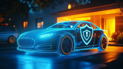Fototapeta premium A gradient backdrop with a car and a bold glowing shield icon in the foreground.