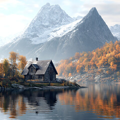 Fototapeta premium Cozy house overlooking water with mountain landscape photos