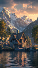 Fototapeta premium Scenic house by water with mountain backdrop picture