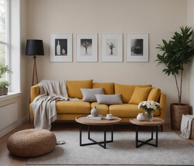 Fototapeta premium A Scandinavian-inspired living room with a sofa set and blank vertical frames is displayed on the wall as a 3D illustration image.