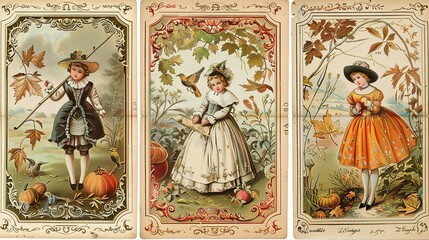 Three Vintage Illustrations of Children in Autumnal Settings