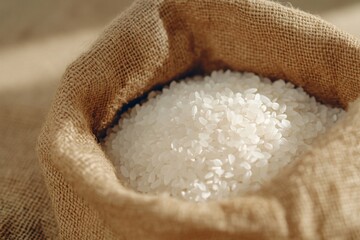 A burlap sack filled with uncooked white rice.